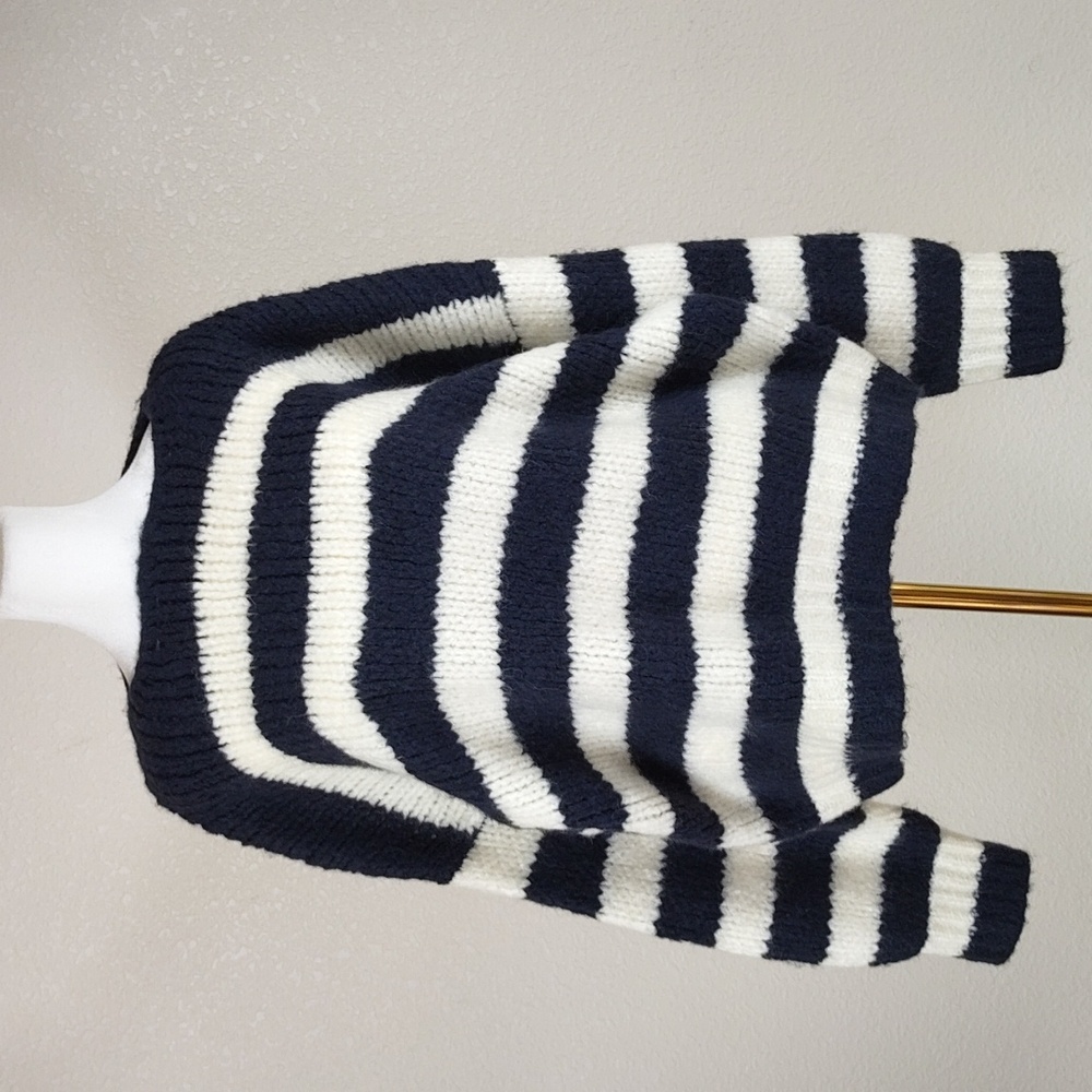 Molly Bracken Chunky Knit Sweater Sz M Striped Off White / Navy Blue Wool Blend